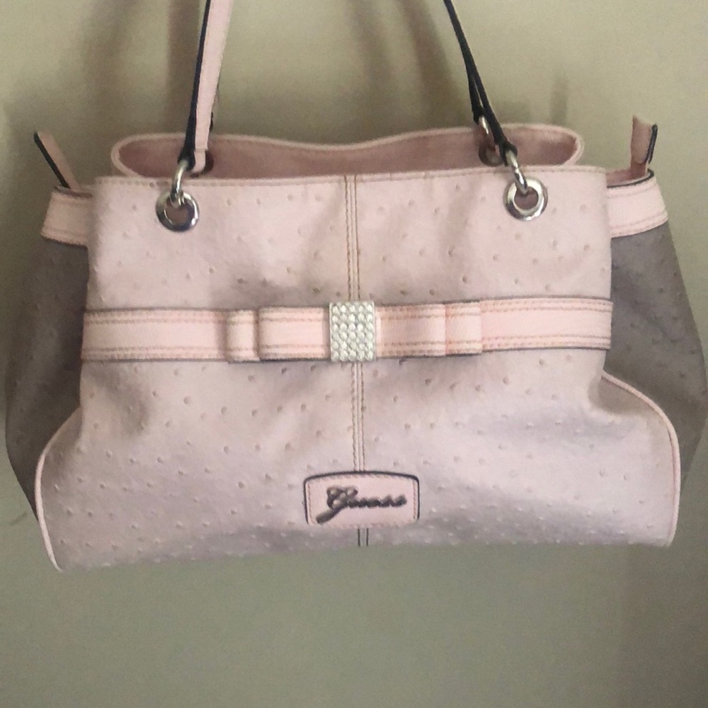 Guess Shoulder Bag - Faux Ostrich Pink on Grey